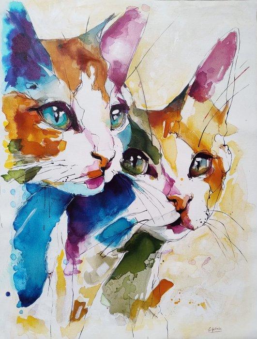 Carmela Gulino - Gulyn - Twin Cats, Antiek en Kunst, Kunst | Schilderijen | Modern