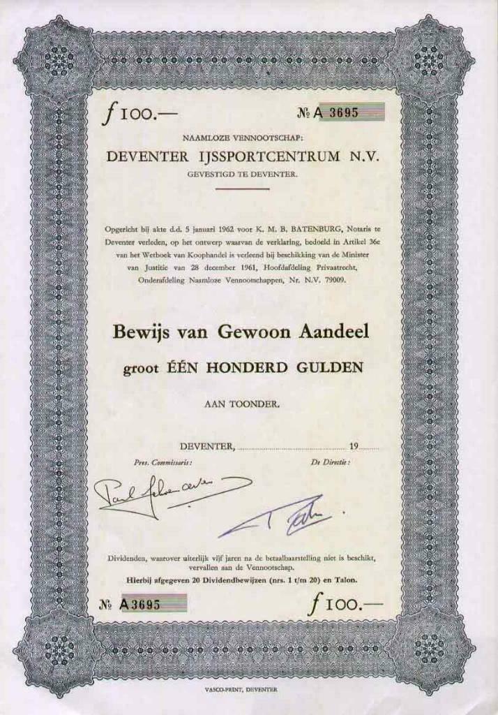 Deventer Ijssportcentrum, aandeel uit 1961, Postzegels en Munten, Aandelen en Waardepapieren, Aandeel, 1950 tot 1970, Ophalen of Verzenden