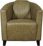Olijfgroene leren landelijke kuipstoel - poot hout zwart -, Huis en Inrichting, Fauteuils, Klassiek, Nieuw, Ophalen of Verzenden