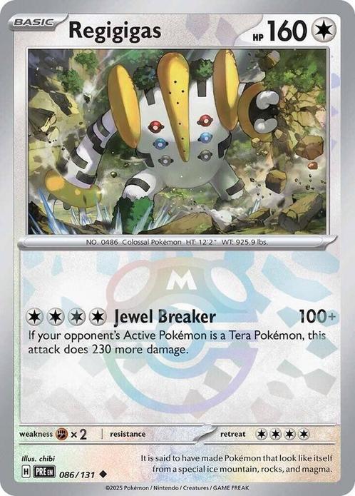 Regigigas 086/131 Masterball Prismatic Evolutions, Hobby en Vrije tijd, Verzamelkaartspellen | Pokémon, Losse kaart, Nieuw, Foil