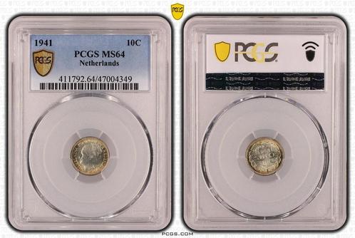 Koningin Wilhelmina 10 cent 1941 MS64 PCGS gecertificeerd, Postzegels en Munten, Munten | Nederland, Losse munt, Zilver, Verzenden