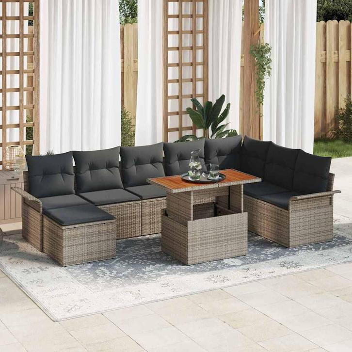 vidaXL Tuin Sofa Set met opslag 9 pcs Grijs Poly riet, Tuin en Terras, Tuinsets en Loungesets, Nieuw, Rotan, Verzenden
