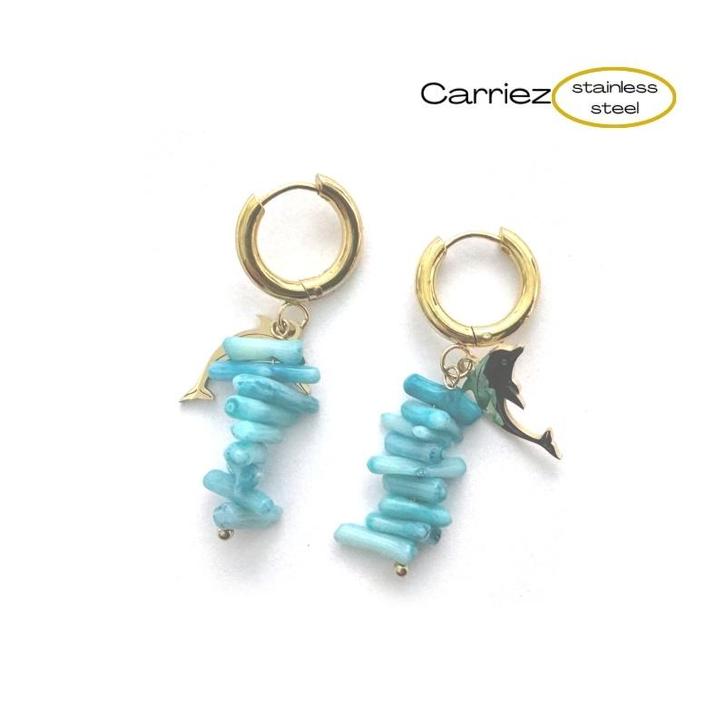 Gouden oorringen dolfijn blauwe steentjes - stainless steel, Sieraden, Tassen en Uiterlijk, Oorbellen, Nieuw, Verzenden