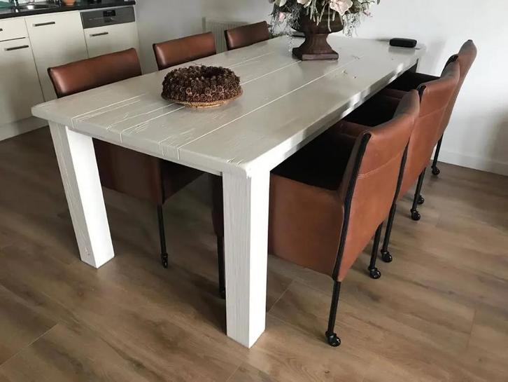 Set van 6 leren kuip eetkamerstoelen met wieltjes in cognac, Huis en Inrichting, Stoelen, Nieuw, Leer, Ophalen of Verzenden