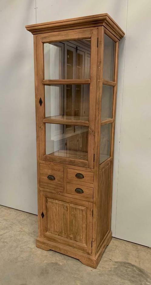 Teakhouten vitrinekast 60cm op voorraad bij Indoteak, Huis en Inrichting, Kasten | Vitrinekasten, 25 tot 50 cm, Met lade(s), Met deur(en)