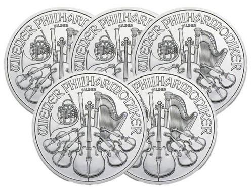 Oostenrijk. 5 x 1 oz €1.5 EUR Silver Philharmonic Coin BU, Postzegels en Munten, Edelmetalen en Baren