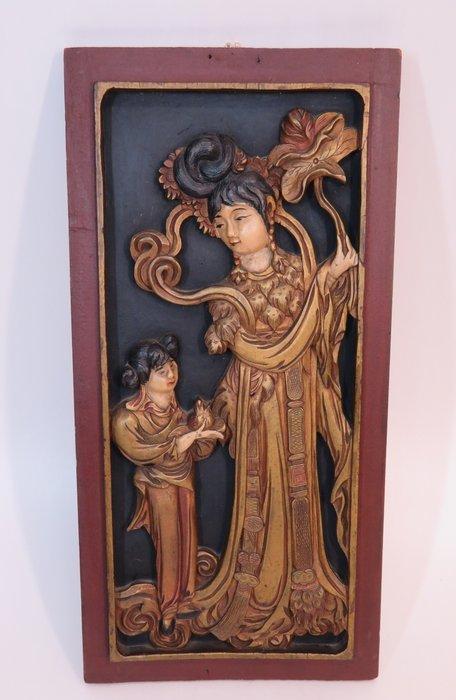 Paneel - moeder en kind met bloemen - Asia (Zonder, Antiek en Kunst, Antiek | Overige Antiek