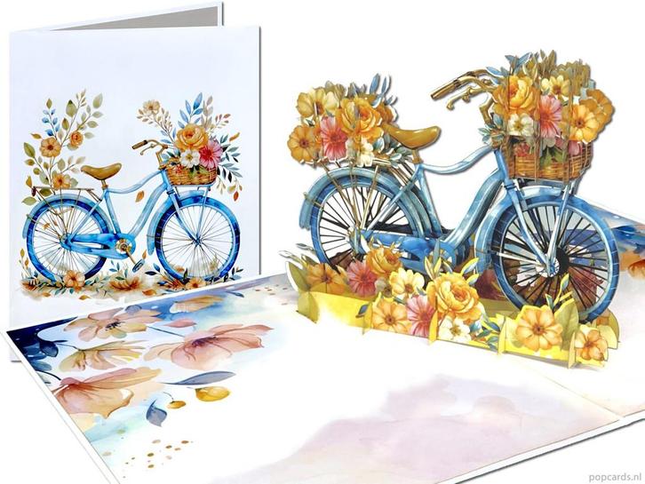Wonderschone pop-up kaart pastelblauwe fiets met bloemen..., Diversen, Wenskaarten, Verzenden