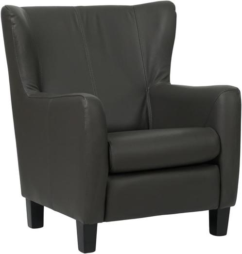 Donkergrijze leren landelijke oorstoel - poot hout zwart - T, Huis en Inrichting, Fauteuils, 75 tot 100 cm, 75 tot 100 cm, Nieuw