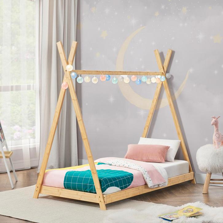 [en.casa] Kinderbed Vimpeli tipi bamboe 70x140 cm houtkleuri, Huis en Inrichting, Slaapkamer | Bedden, Verzenden