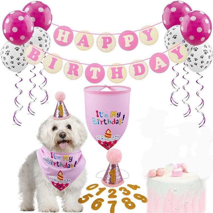 20-delige honden verjaardag set Happy Birthday roze, wit, zw, Dieren en Toebehoren, Honden-accessoires, Nieuw, Verzenden