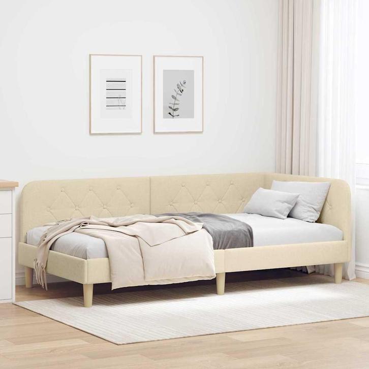 vidaXL Hoekbedframe met hoofdeinde Crème 100 x 200 cm Stof, Huis en Inrichting, Slaapkamer | Bedden, Crème, Nieuw, Stof, Verzenden