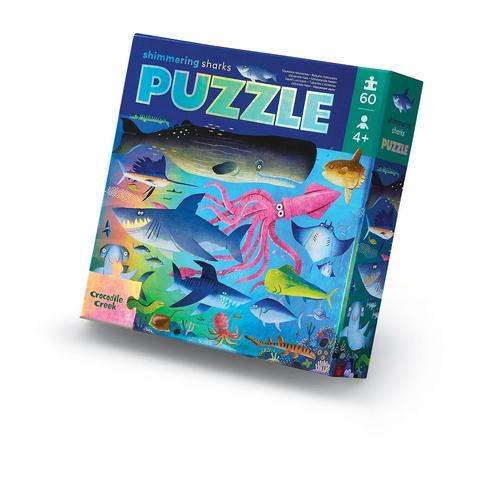 Crocodile Creek Foliepuzzel Shimmering Sharks - 60 stukjes, Kinderen en Baby's, Speelgoed | Kinderpuzzels, Nieuw, Meer dan 50 stukjes
