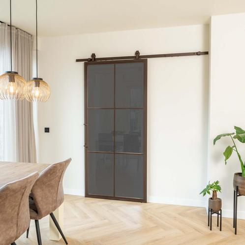 Stalen Schuifdeur - 6 Vlaks - Brons - Rook glas, Doe-het-zelf en Verbouw, Kozijnen en Schuifpuien, Inclusief glas, Nieuw, Metaal