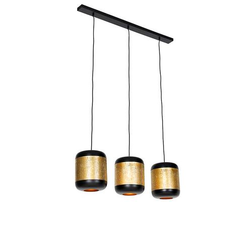 Vintage hanglamp zwart met messing langwerpig 3-lichts -, Huis en Inrichting, Lampen | Hanglampen, Nieuw, Overige materialen, 75 cm of meer