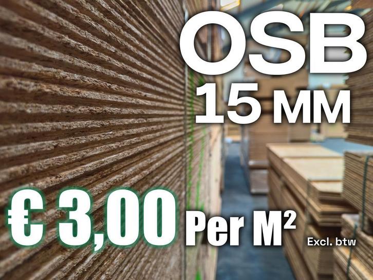 OSB platen met schoonheidsfoutje. 15mm € 3.00 per M² excl., Doe-het-zelf en Verbouw, Platen en Panelen, Minder dan 20 mm, Nieuw