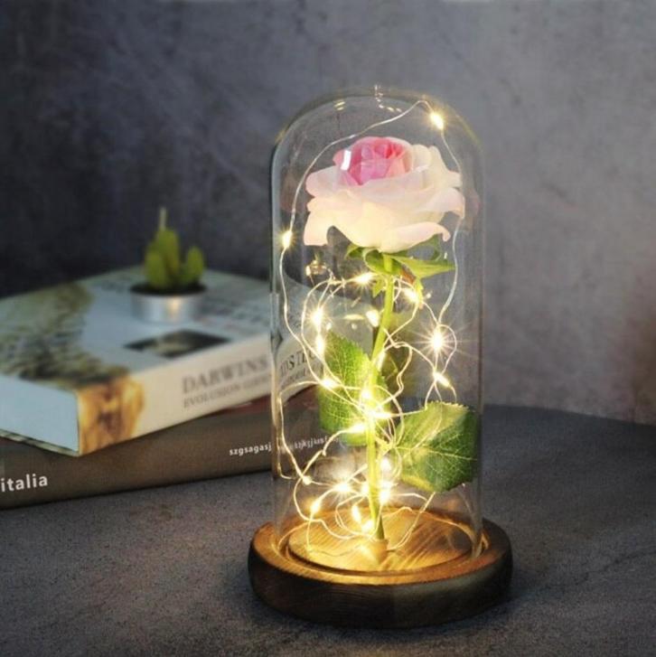 Kunst Roos in Glazen Stolp met Verlichting - Zijden Rozen, Huis en Inrichting, Woonaccessoires | Kunstplanten en Kunstbloemen