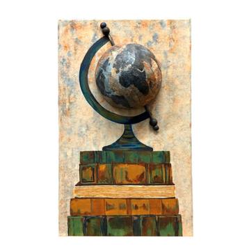 Wereldbol op boeken - half-abstract - 50x30 cm - schilderij beschikbaar voor biedingen