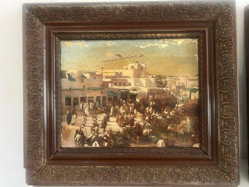 Antiek schilderij met Arabisch landschap en markttafereel -, Antiek en Kunst, Kunst | Niet-Westerse kunst