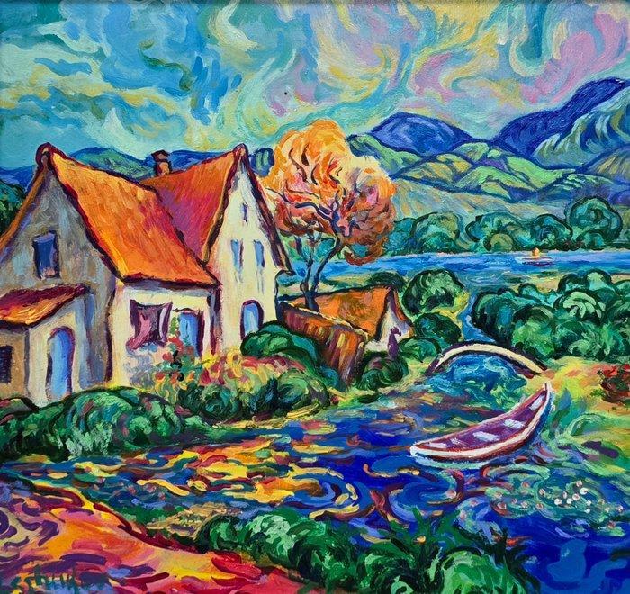 Vitaly Leshukov Soldatov (1968) - Casas a orillas del río, Antiek en Kunst, Kunst | Schilderijen | Modern