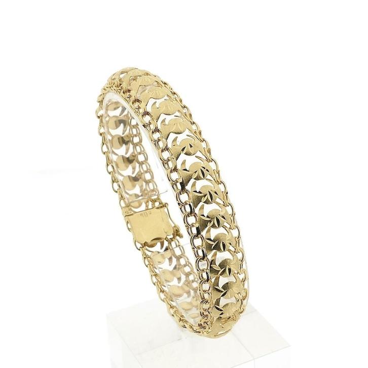 Gouden fantasie schakel armband (Schakelarmband), Sieraden, Tassen en Uiterlijk, Armbanden, Overige kleuren, Gebruikt, Goud, Ophalen of Verzenden