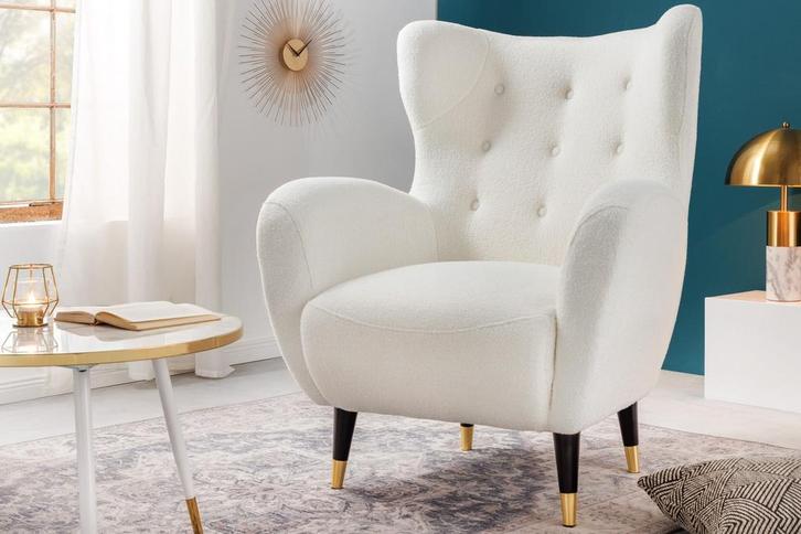 Retro Design Fauteuil DON Wit Bouclé Innerspring Gouden Neus, Huis en Inrichting, Stoelen, Ophalen of Verzenden