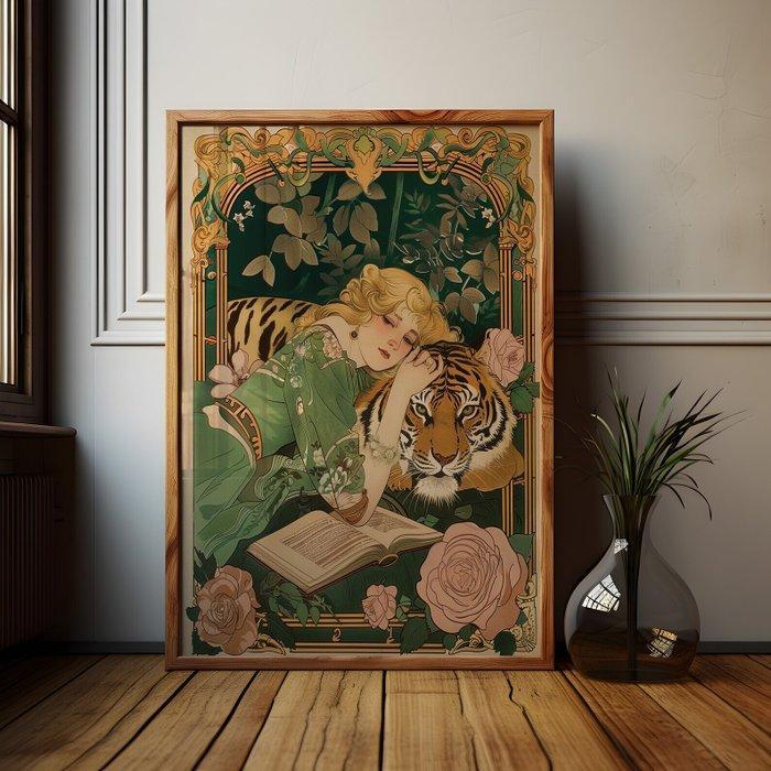 I_KONIQ - Woman and tiger regency style, Antiek en Kunst, Curiosa en Brocante