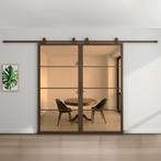 Dubbele stalen schuifdeur 4 Vlaks Brons Brons rook glas, 75 tot 150 cm, Nieuw, 150 tot 225 cm, Metaal