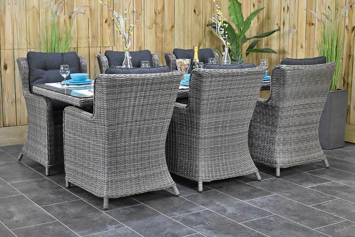 Menorca 225 Tafel met 6 Delano Dining Tuintoelen Natural Gre, Tuin en Terras, Tuinsets en Loungesets, Eettafel, Stoel, 6 zitplaatsen