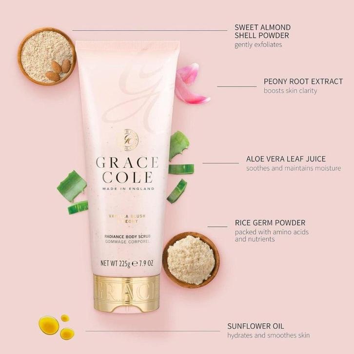 Grace Cole Vanilla Blush & Peony Body Scrub - 225gr, Sieraden, Tassen en Uiterlijk, Uiterlijk | Gezichtsverzorging, Overige typen