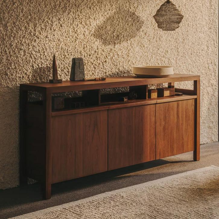 *WOONWINKEL* Kave Home Sashi Japandi Dressoir Donker Teak Ho, Huis en Inrichting, Kasten | Dressoirs, Nieuw, Verzenden