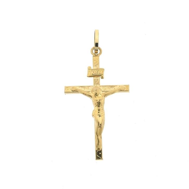 Gouden hanger van een kruis met corpus; INRI, Sieraden, Tassen en Uiterlijk, Bedels, Gebruikt, Overige merken, Goud, Ophalen of Verzenden