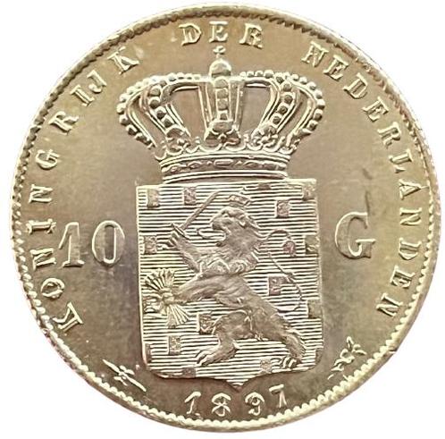 Gouden 10 gulden 1897 parels vast Wilhelmina, Postzegels en Munten, Munten | Nederland, Losse munt, Goud, Verzenden
