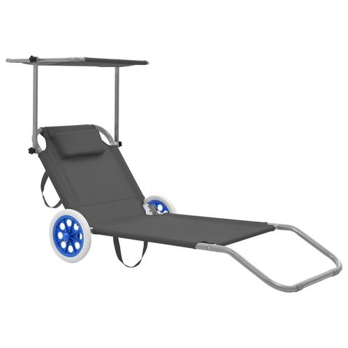 vidaXL Ligbed met luifel en wieltjes inklapbaar staal grijs, Tuin en Terras, Ligbedden, Nieuw, Verzenden