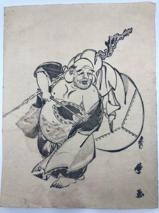 Hotei met zijn paraplu en zijn zak met rijkdommen. - Papier, Antiek en Kunst, Antiek | Overige Antiek