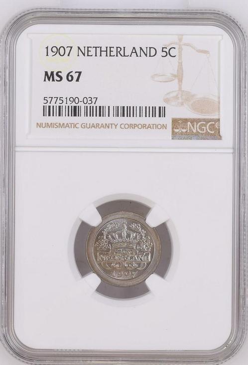 Koningin Wilhelmina 5 cent 1907 MS67 NGC gecertificeerd, Postzegels en Munten, Munten | Nederland, Losse munt, 5 cent, Koningin Wilhelmina