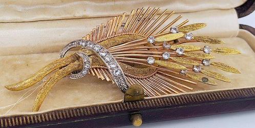 Broche - 18 karaat Geel goud Diamant (Natuurlijk), Sieraden, Tassen en Uiterlijk, Antieke sieraden