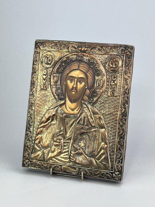 Icoon - Christus Pantokrator - Hout, Koper, Antiek en Kunst, Antiek | Boeken en Bijbels