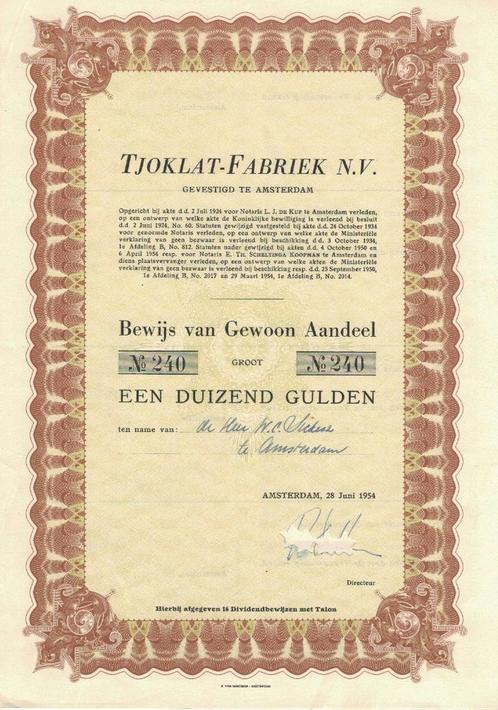 Aandeel Tjoklat-Fabriek, 1954 (Chocolade !), Postzegels en Munten, Aandelen en Waardepapieren, Certificaat van aandeel, 1950 tot 1970