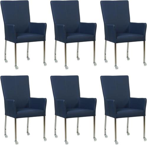 Set van 6 Blauwe leren moderne eetkamerstoelen - met armleun, Huis en Inrichting, Stoelen, Vijf, Zes of meer stoelen, Overige kleuren