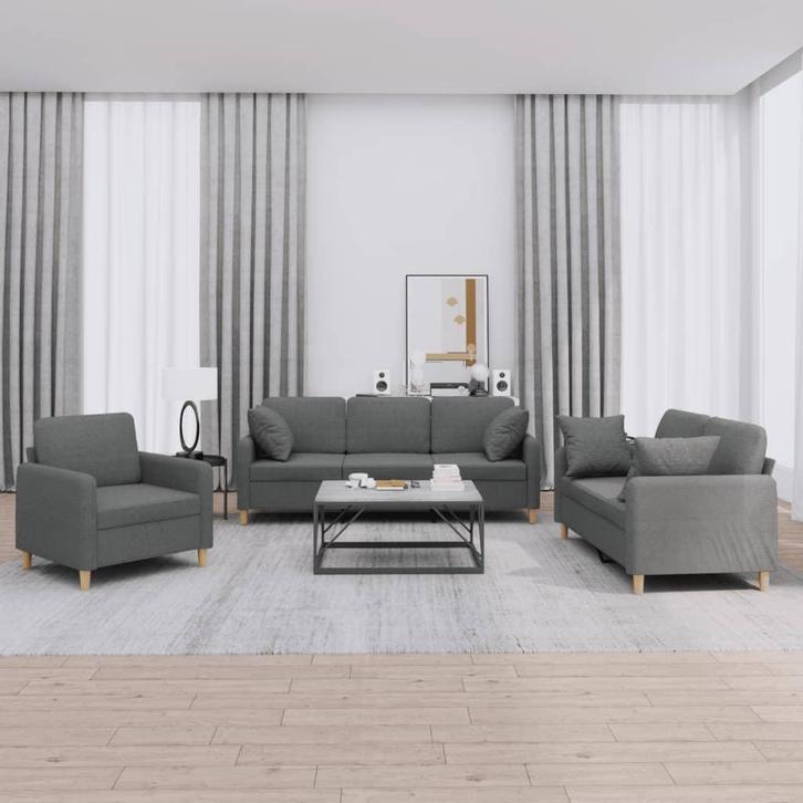 vidaXL 3-delige Loungeset met kussens stof donkergrijs, Huis en Inrichting, Banken | Bankstellen, Nieuw, Stof, Vierpersoons of meer