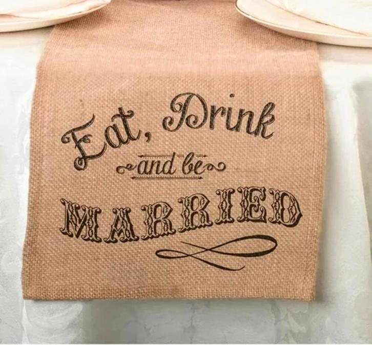 Jute tafel loper Eat, Drink and be Married, Hobby en Vrije tijd, Feestartikelen, Geboorte of Huwelijk, Nieuw, Versiering, Verzenden