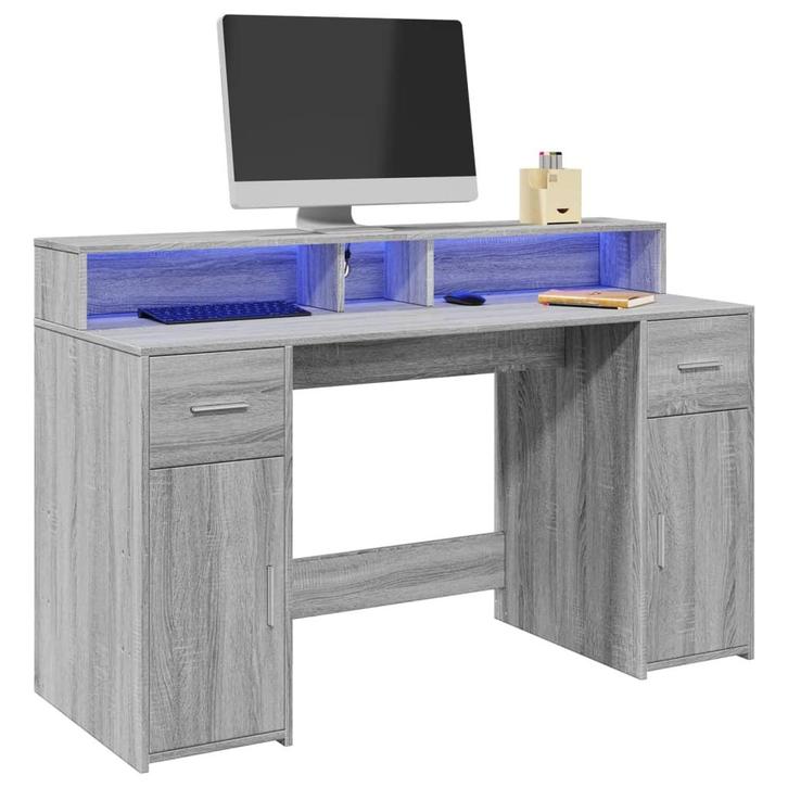 vidaXL Bureau met LED-verlichting 140x55x91 cm hout grijs, Huis en Inrichting, Bureaus, Nieuw, Verzenden