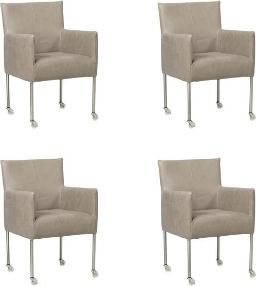 Set van 4 Lichtgrijze leren moderne kuipstoel - poot rond rv, Huis en Inrichting, Stoelen, Vier, Overige kleuren, Nieuw, Leer