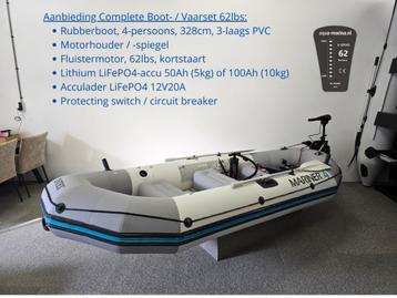 Rubberboot + Elektromotor 62lbs + LiFePO4 Accu 100Ah + Lader beschikbaar voor biedingen