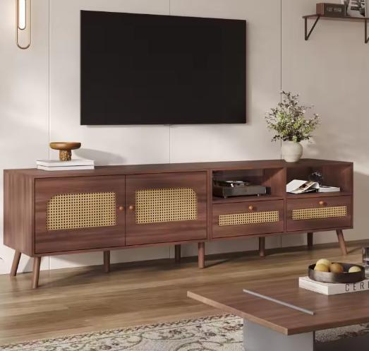 Modern TV-meubel 80 inch – 2 Rotan Deuren, 2 Lades, Bruin, Huis en Inrichting, Kasten | Televisiemeubels, Nieuw, Verzenden
