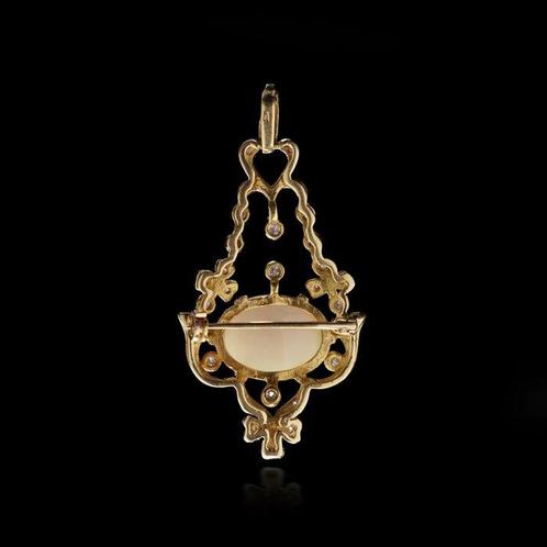 Broche Vintage 18k geelgouden opaal- en diamantpendel/broche, Sieraden, Tassen en Uiterlijk, Antieke sieraden