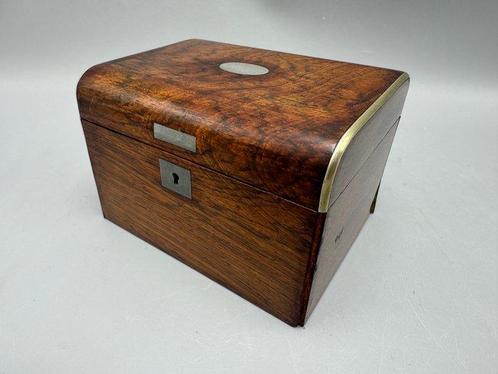 Antiek Houten Theekistje met Beslag en Blauw Binnenwerk –, Antiek en Kunst, Antiek | Overige Antiek