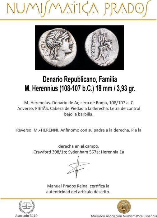 Romeinse Republiek. M. Herennius (108-107 b.C.). Denarius, Postzegels en Munten, Munten | Europa | Niet-Euromunten
