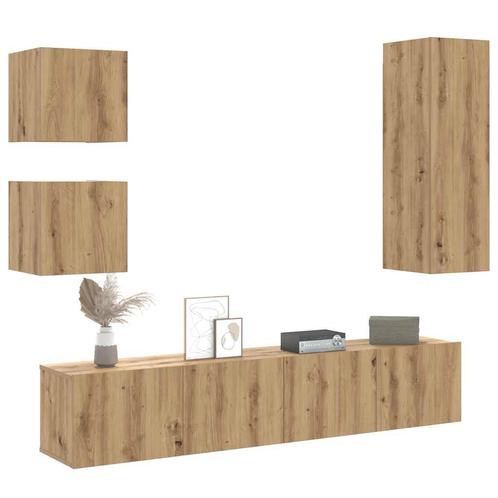 vidaXL 5-delig Tv-meubelset wandmontage bewerkt hout, Huis en Inrichting, Kasten | Televisiemeubels, Nieuw, Overige houtsoorten
